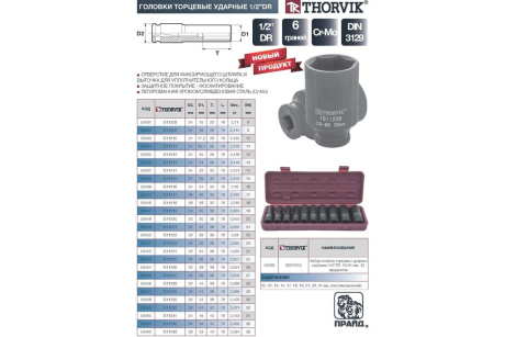 Купить Набор головок торцевых ударных глубоких 1/2"DR  10-24 мм  10 предметов Thorvik ISS11210 фото №2